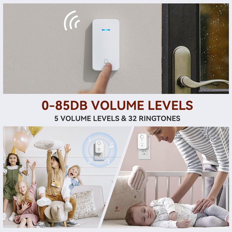 Aida Wireless Doorbell, Self-powered Doorbell with Extra Socket, No Battery Required Push Button, Cordless Door Bell Ringer, 5 Volume Levels with 32 Doorbell Chimes (White, 1 Button & 1 Receiver) - Image 4